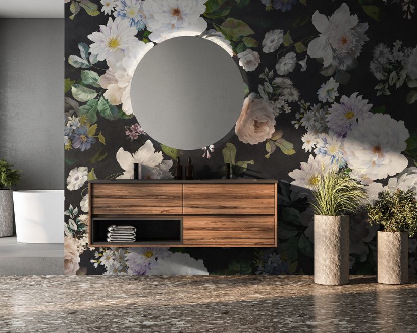 Dark Floral and White Peony Blossoms Wallpaper Mural
