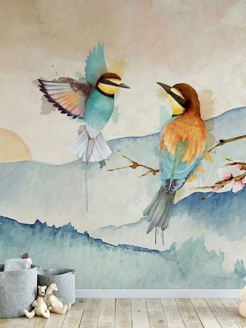 Watercolor Winter Landscape and Colorful Bird Wallpaper Mural