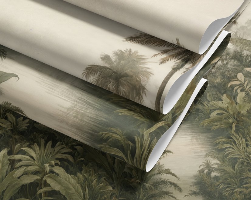 Misty tropical forest wallpaper with palms, pale river and hazy hills in muted green sepia