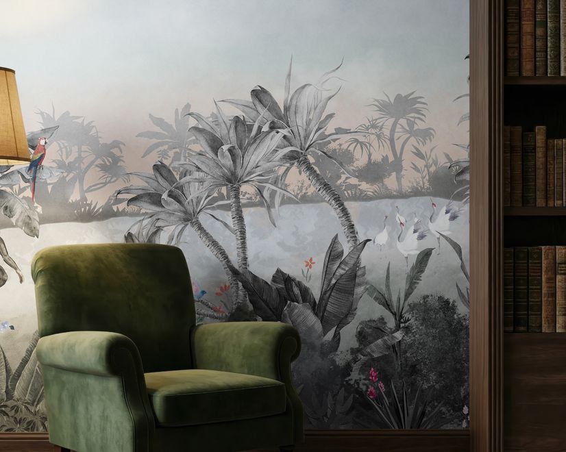 Colorful Parrot and Cute Monkey with Soft Forest Wallpaper Mural