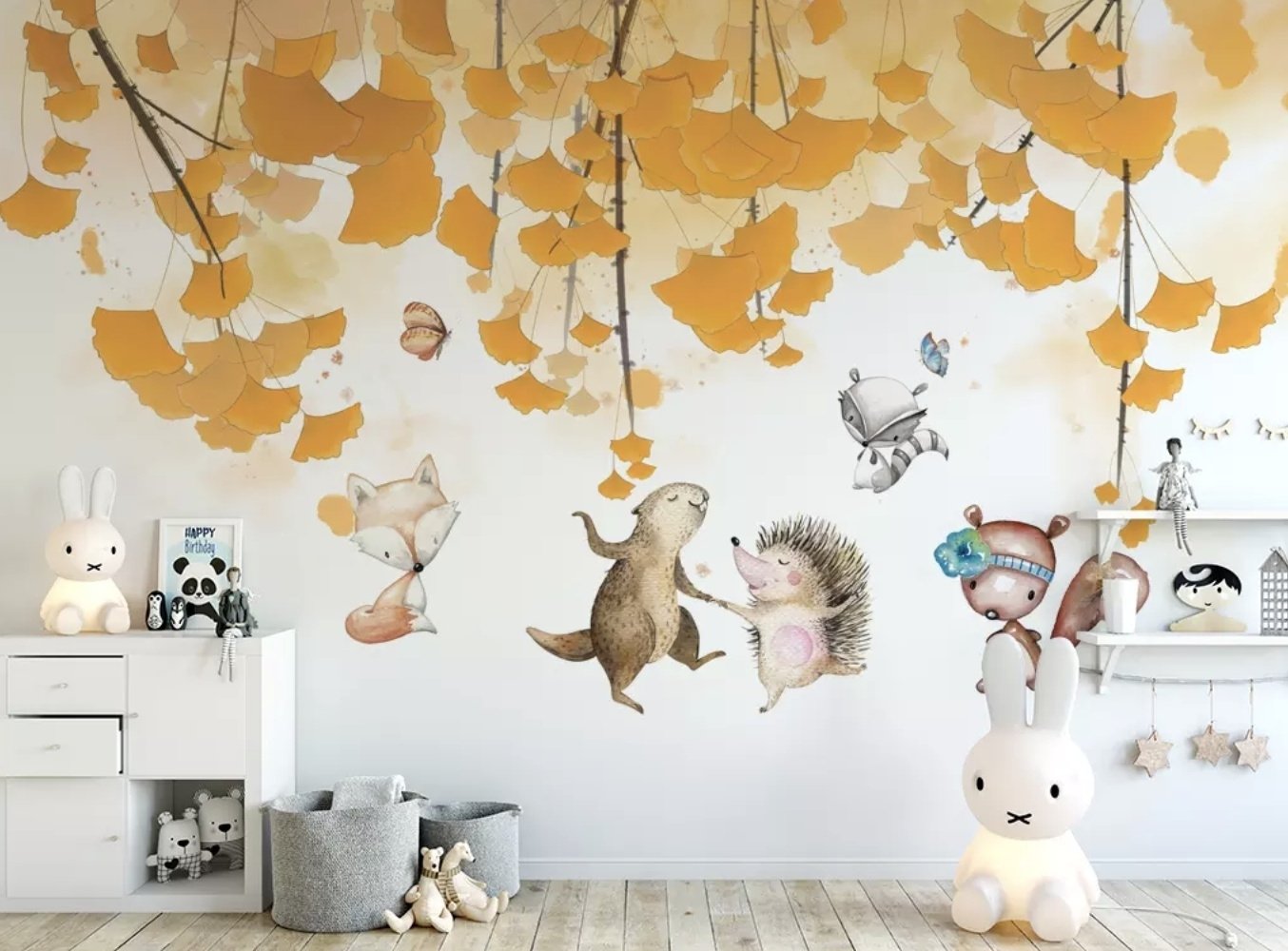 Autumn Leaves with Cartoon Animals Wallpaper Mural - Peel and Stick