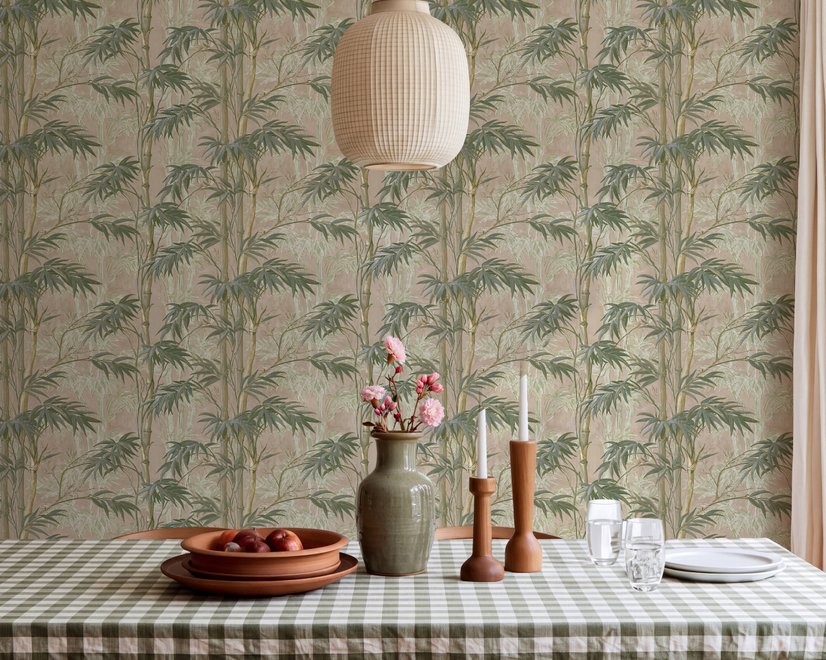 Vintage bamboo wallpaper with sage and smoky blue-green leaves on a warm taupe ground