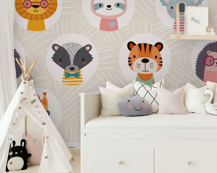 Kids Cute Safari Animals Pattern Wallpaper Mural