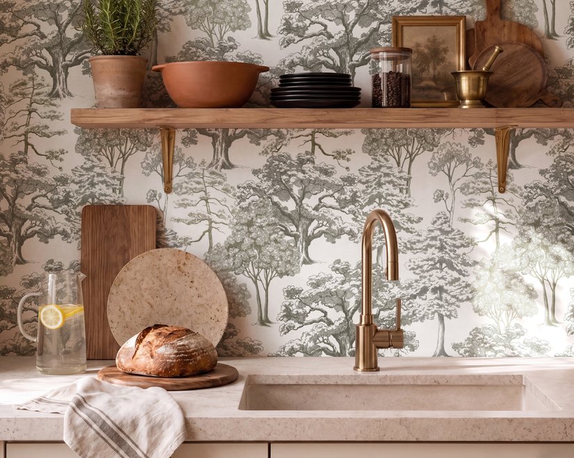Monochrome wallpaper with grey tree toile on a clean white ground