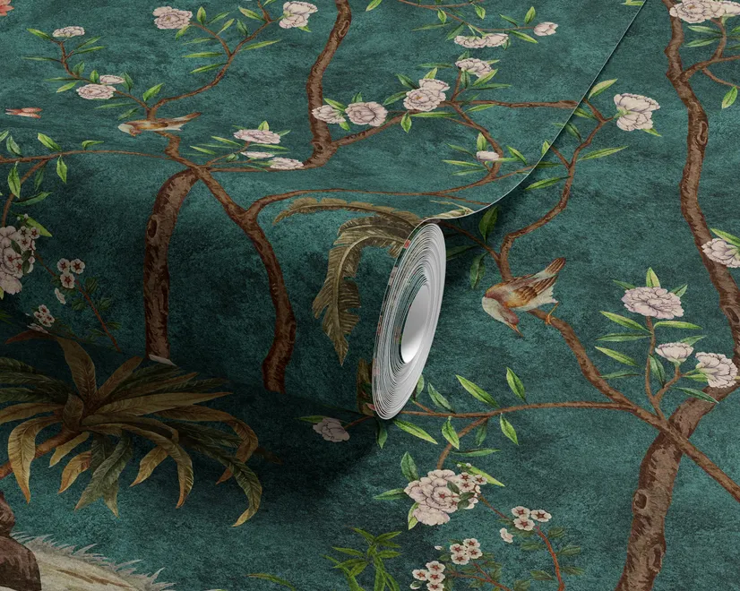 Floral wallpaper with birds in a teal chinoiserie garden with blossoms, pheasant, palms and stone railings