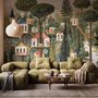 Architectural design wallpaper mural of forest treehouses, rivers, boats and small figures in green watercolour