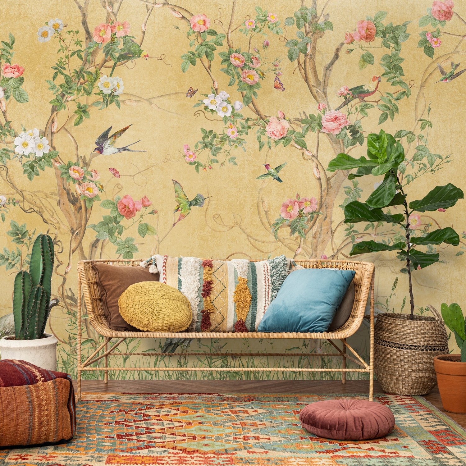 Chinoiserie Peony Tree Wallpaper Mural - Peel and Stick