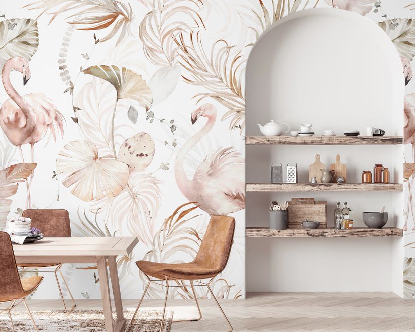 Soft Flamingo Art with Boho Tropical Leaf Wallpaper Mural