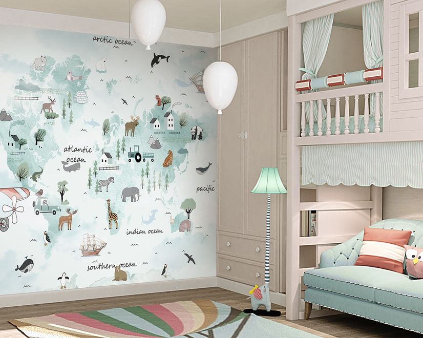 Papier peint  panoramique carte monde bleue animaux lapin volant enfants