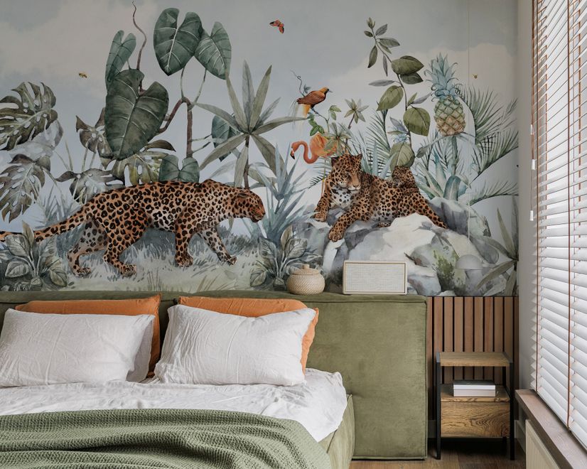 Kids Watercolor Forest with Leopard Wild Animals Wallpaper Mural
