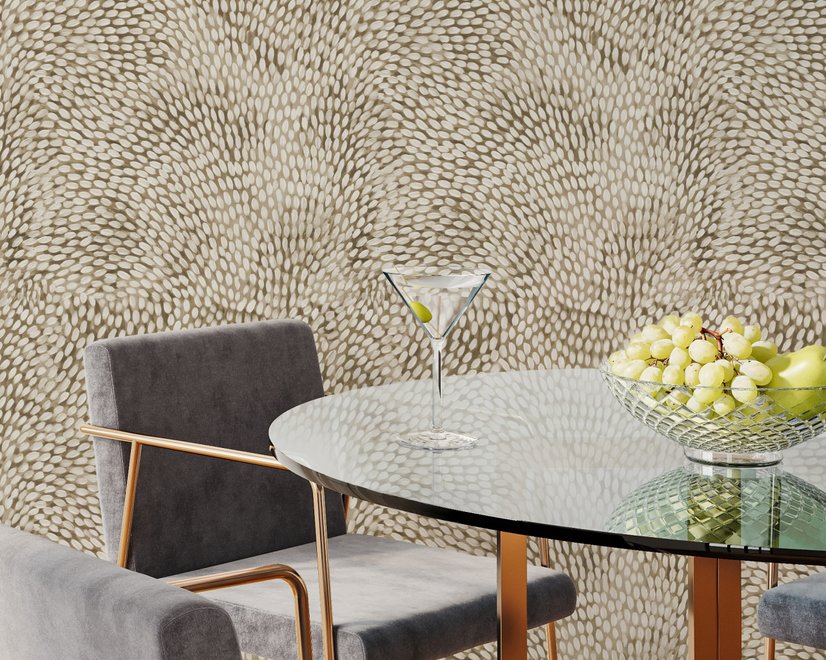 Abstract taupe and greige wallpaper with creamy white oval brush marks in flowing currents