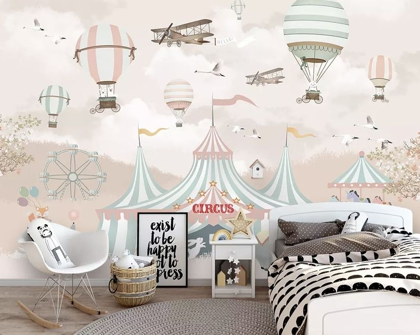 Kids Cartoon Circus with Hot Air Balloon Wallpaper Mural