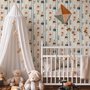 Cartoon wallpaper with rabbits, mice, a crowned fox and lambs in costumes between wavy blue stripes