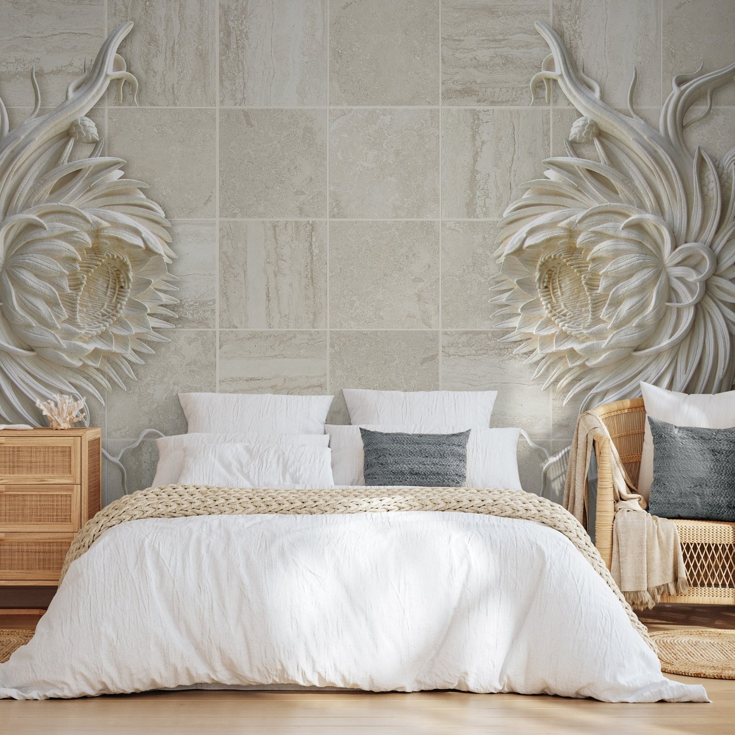 3D Embossed Look Marble Sunflower Wallpaper Mural - Peel and Stick