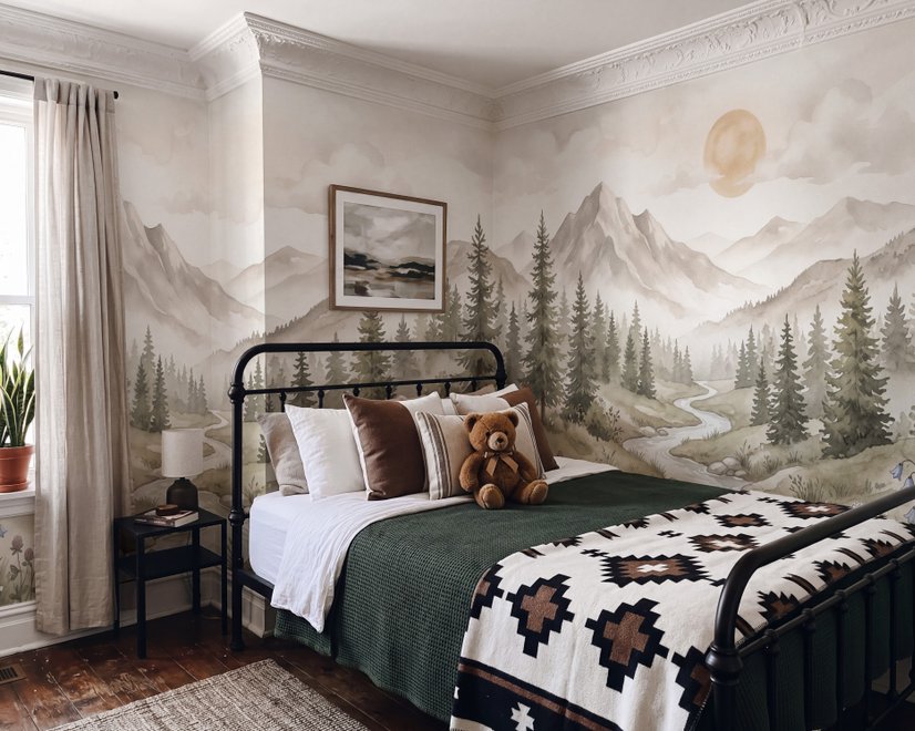 Nursery Neutral Pine Forest Mountain Scenery Wallpaper Mural