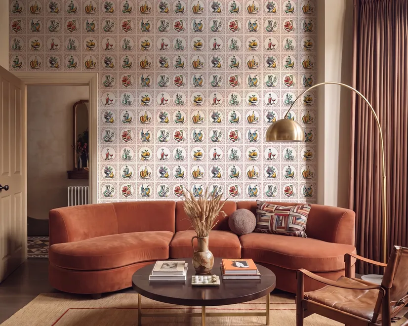 Bar wallpaper with cream tile grid, dusty rose arches, illustrated wine bottles, fruit and café still lifes