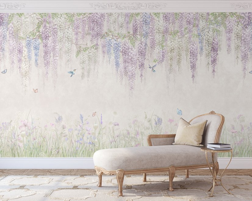 Watercolor Hanging Wisteria Flowers with Hummingbirds Wallpaper Mural 