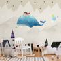 Cartoon Village and Little Child on the Flying Whale Wallpaper Mural