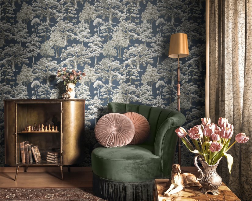 Navy wallpaper with warm ivory and taupe grey toile tree repeat on deep slate blue ground