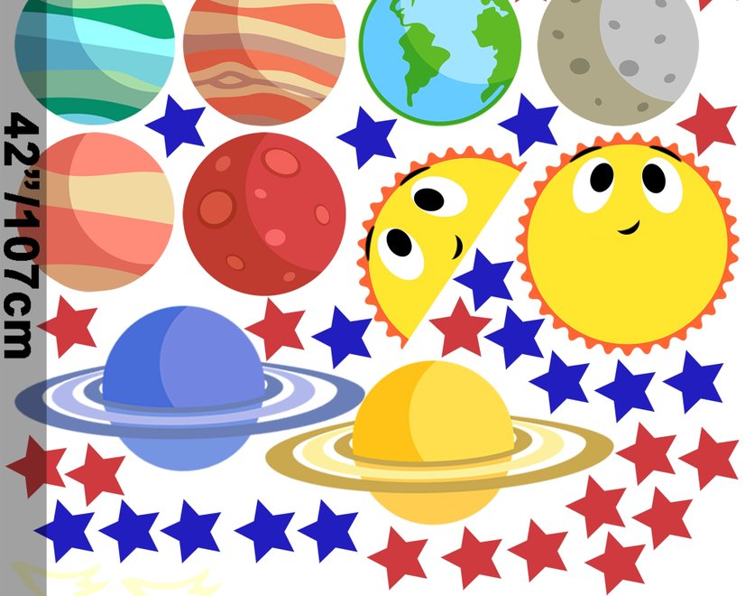Bunte Planeten und Fröhliche Sonne mit Sternen Wandtattoo