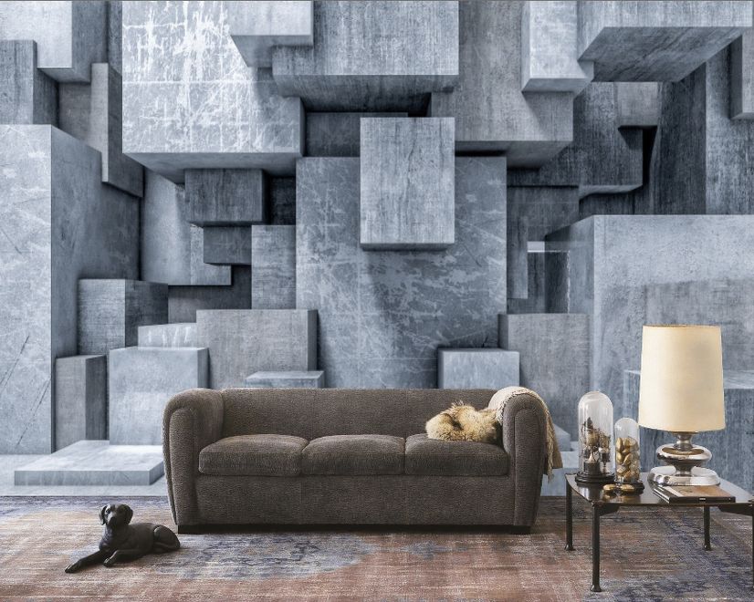 3D Look Concrete Style Gray Abstract Cubes Wallpaper Mural