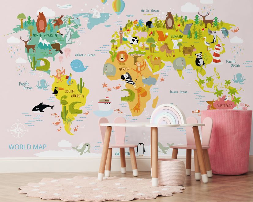 Сolorful Kids World Map with Animals Wallpaper Mural