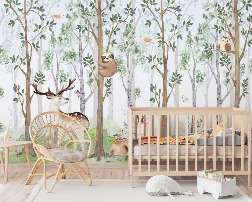 Nursery Cute Animals in the Forest Watercolor Kids Wallpaper Murals