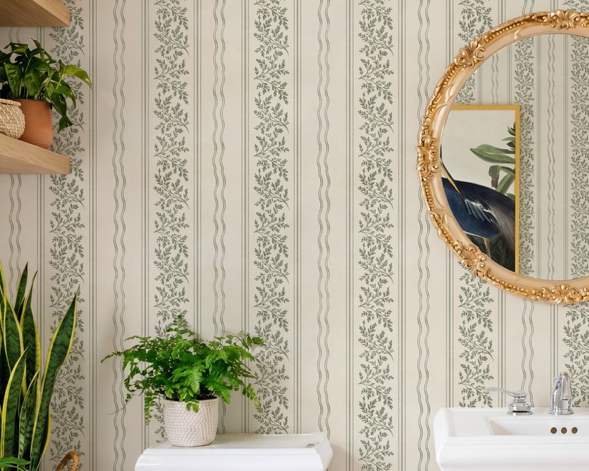 Green aesthetic wallpaper with sage leafy sprigs, fine vertical rules and dotted borders on cream ivory