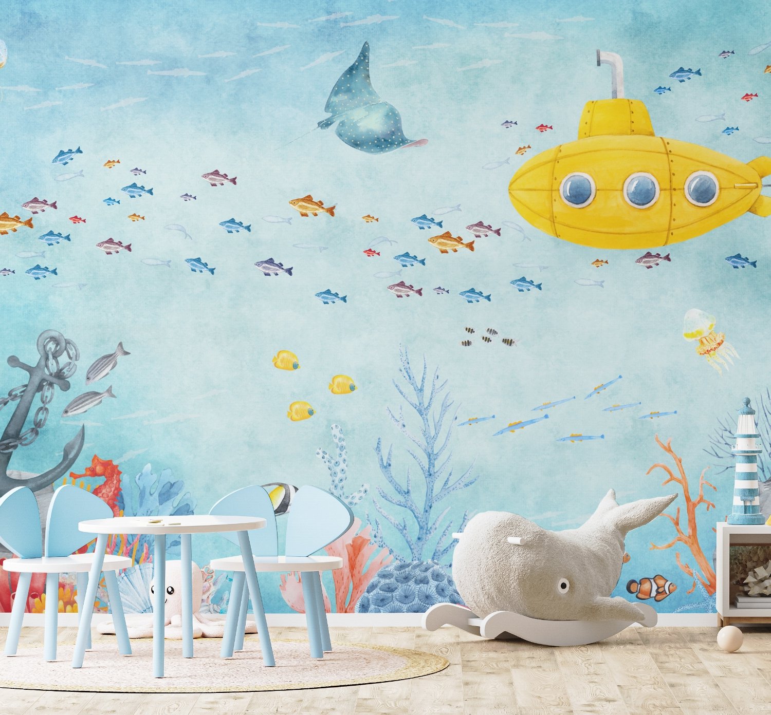 Kids Nursery Undersea with Submarine Wallpaper Mural - Peel and Stick