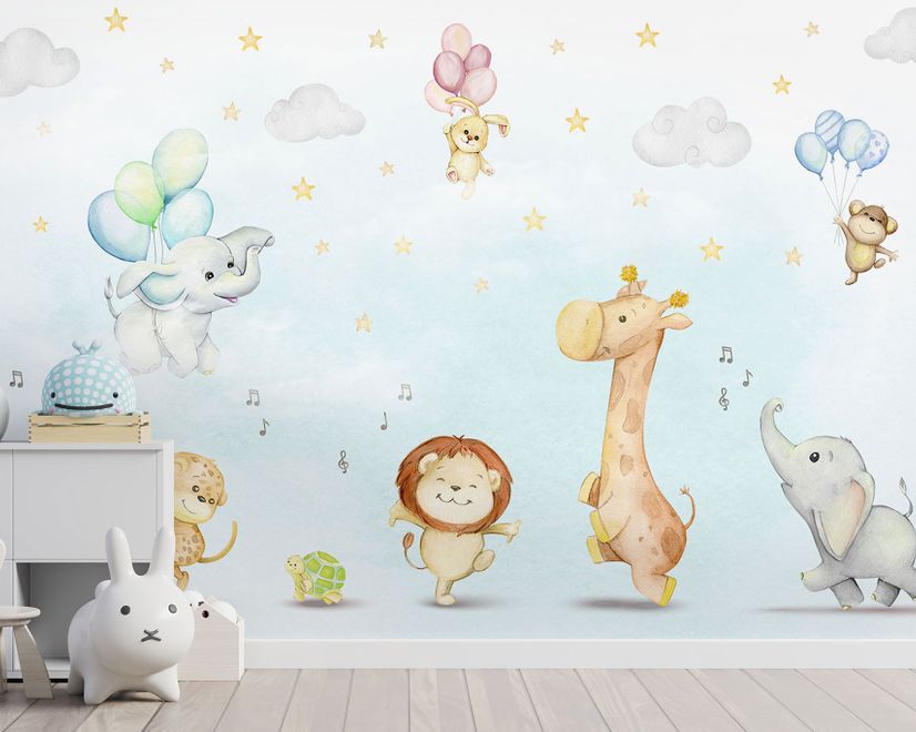 Kids Nursery Safari Animals Playing Wallpaper Mural