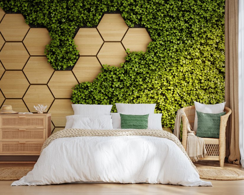 Hexagon Honeycomb Pattern and Fresh Grass Wallpaper Mural