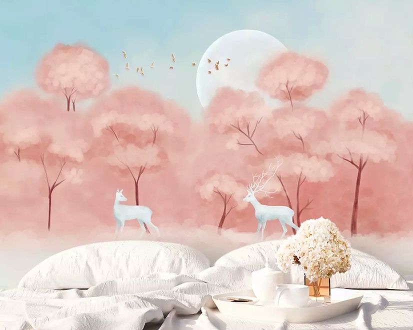Pink Forest and Horned Deer Wallpaper Mural