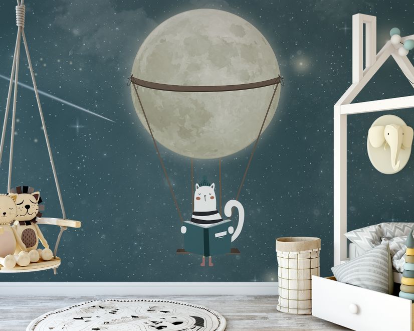 Swinging Cat with Shining Moon Children Wallpaper Mural