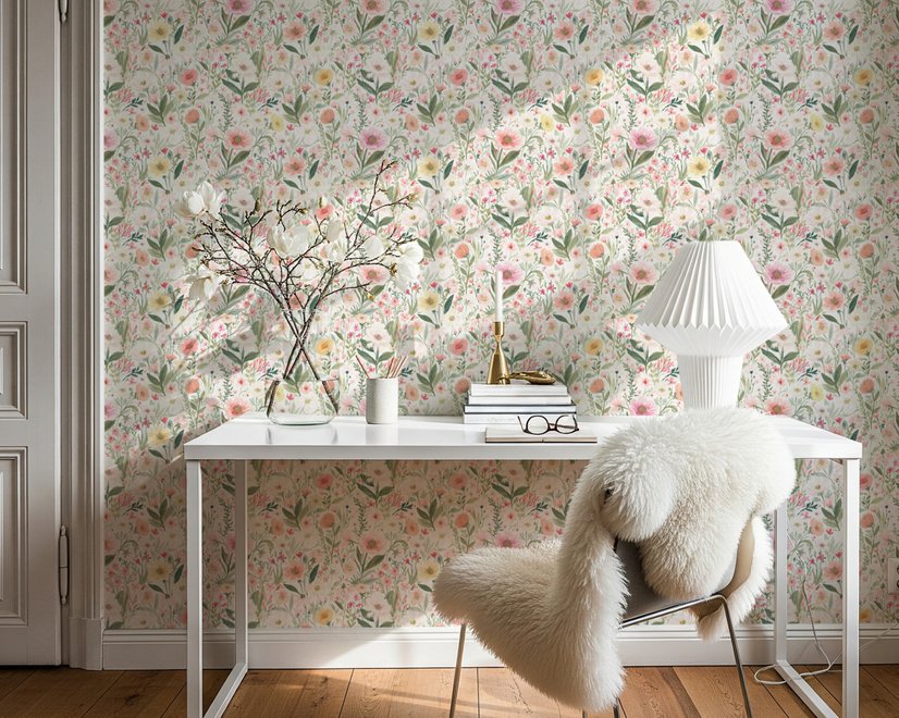Pink wallpaper with watercolour blush, coral and yellow wildflowers, sage leaves and stems on a warm cream-white ground.