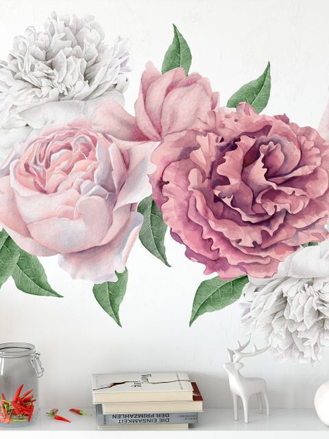 Aquarell Wandtattoo: Rosa und Weiße Pfingstrosenblumenstrauß mit Rosenknospe