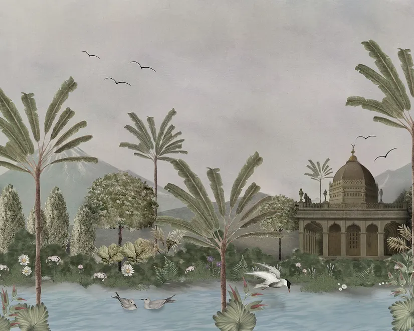Vintage River Landscape with Mosque Historical Art Wallpaper Mural