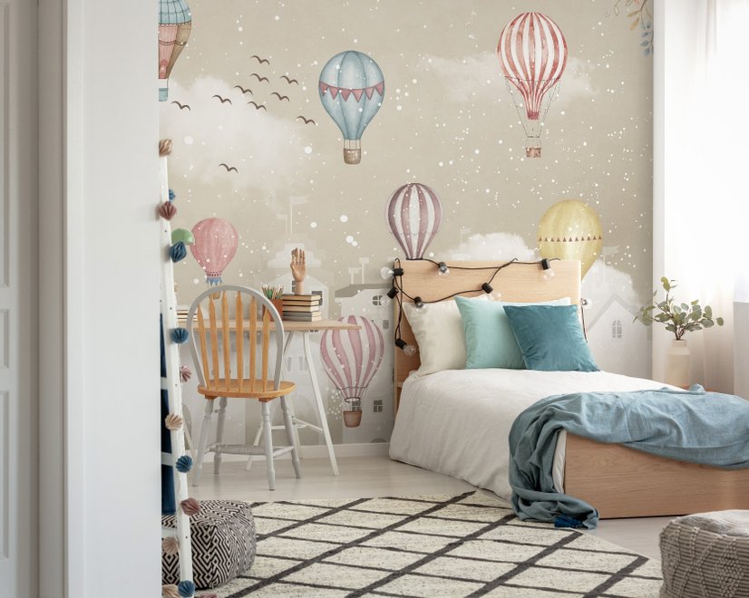 Kids Nursery Cartoon Winter and Little Hot Air Balloon Wallpaper Mural