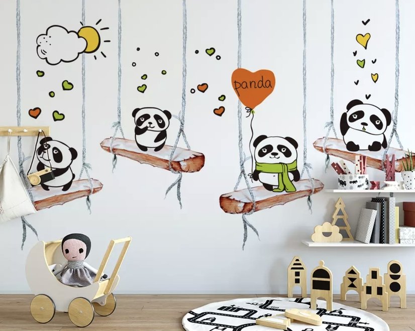Papier peint panoramique pandas sur balançoires