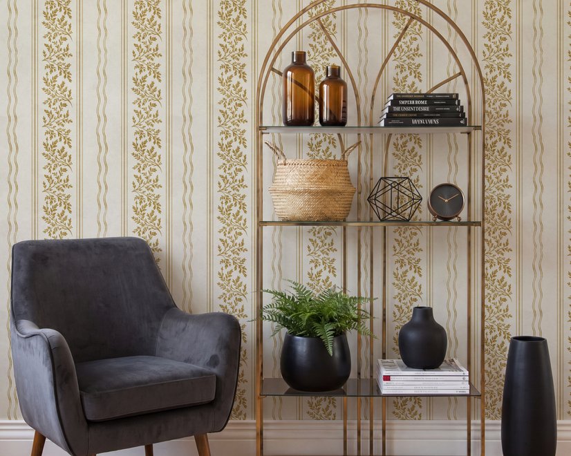 Gold and white wallpaper with antique gold leafy sprig stripes on parchment cream