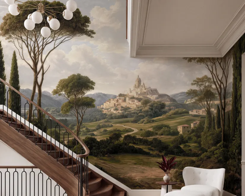 Vintage oil painting wallpaper of cypress trees, villas and a domed cathedral in an Italian landscape