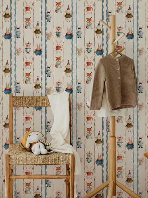 Cartoon wallpaper with rabbits, mice, a crowned fox and lambs in costumes between wavy blue stripes