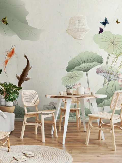 Watercolor Lotus Flower and Butterflies Wallpaper Mural
