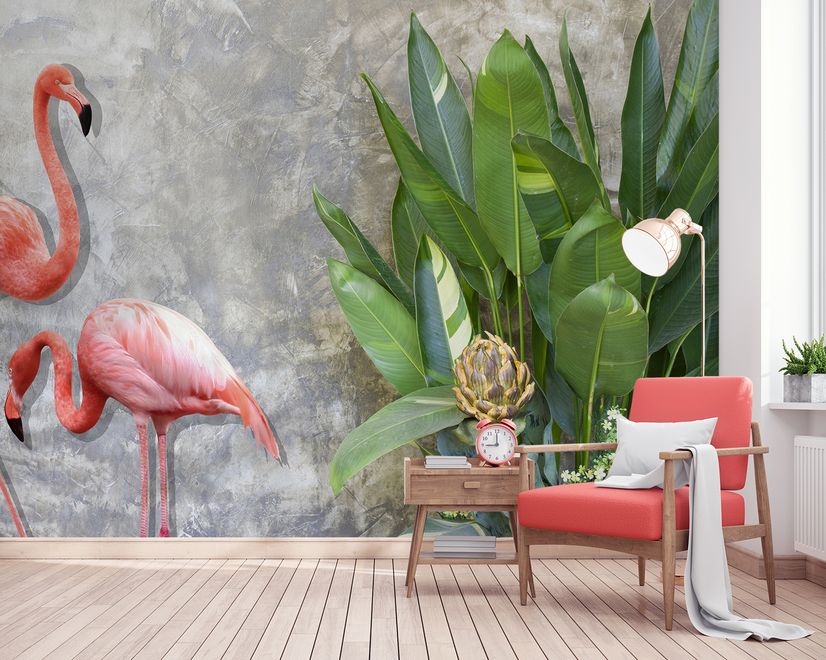 3D Look Pink Flamingo with Tropical Leaves Wallpaper Mural