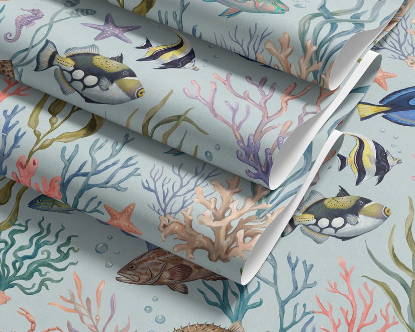 Modern coastal wallpaper with watercolour tropical fish, coral, seaweed, shells and bubbles on light aqua-blue