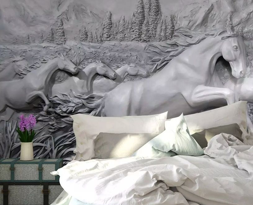 3D Embossed Look Cement Angel Horses Wallpaper Mural