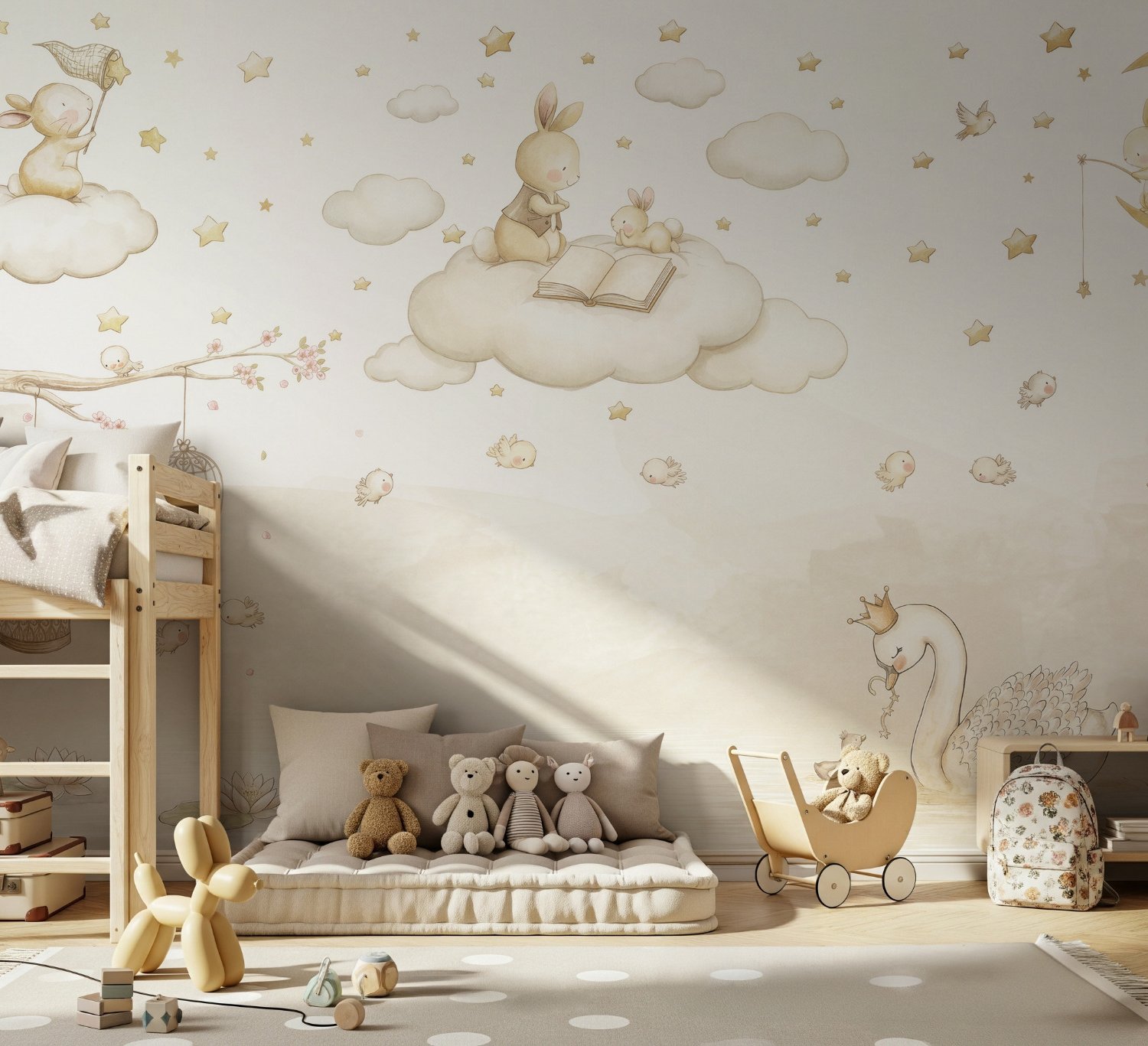 Rabbits on the Clouds and Empty Cages Wallpaper Mural - Peel and Stick