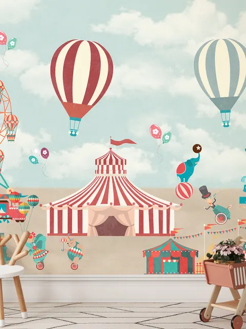 Red Circus with Hot Air Balloon Wallpaper Mural