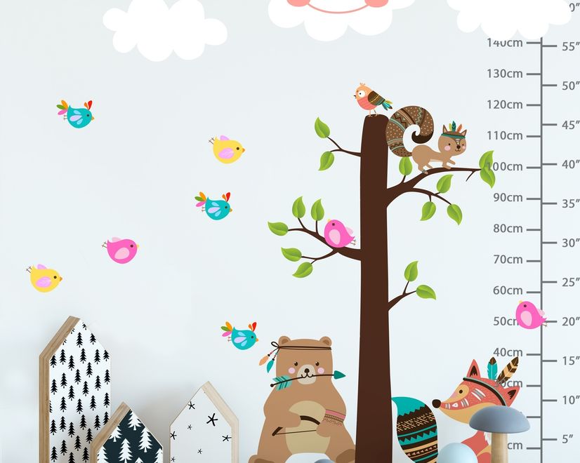 Kids Cute Fox and Bear and Cartoon Tree with Little Birds Wall Decal Sticker
