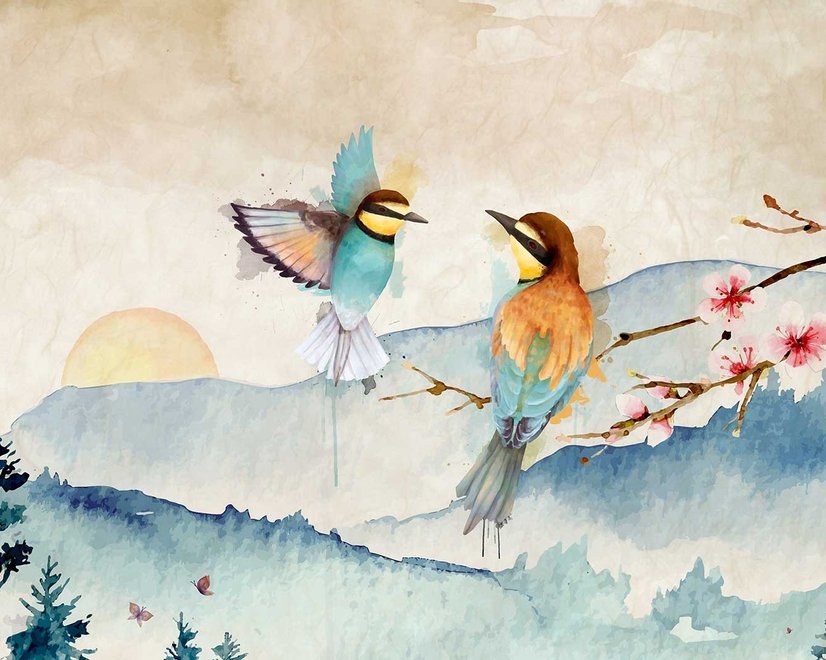 Watercolor Winter Landscape and Colorful Bird Wallpaper Mural