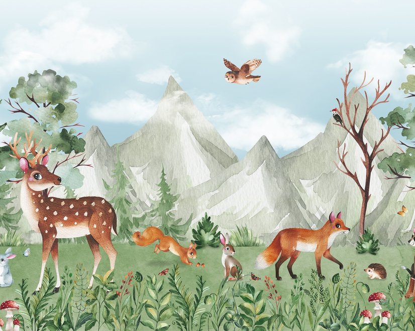 Niedliche Waldtiere mit Kinder-Berglandschaft Fototapete